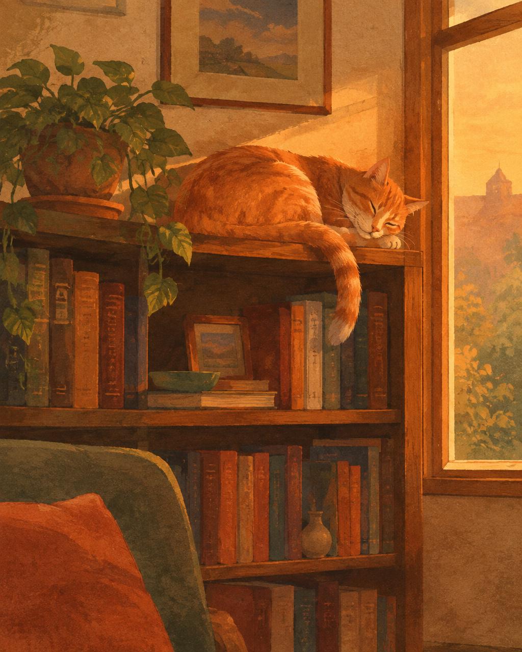Ilustrasi kucing di rak buku buatan Lyra